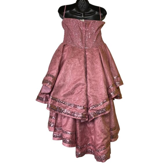 Vintage Pink High-Low Dress Sequin Lace Layered Ruffle Medium Fairy Princess Y2K - Picture 2 of 4
